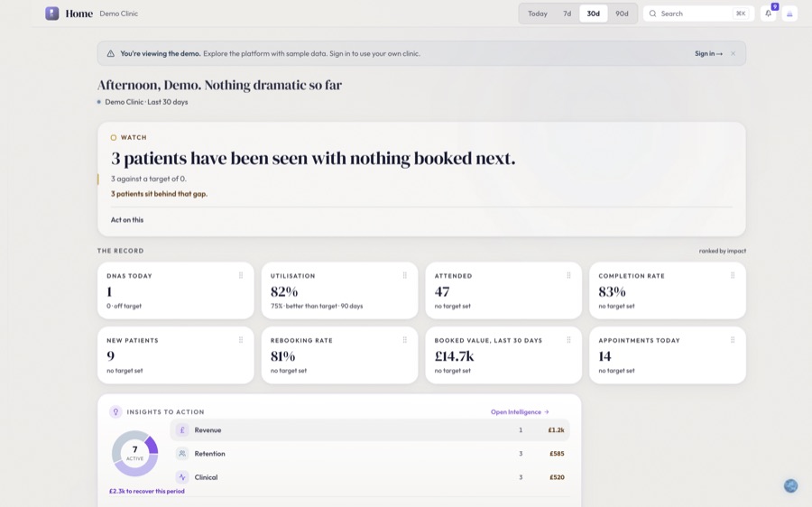 StrydeOS portal home in demo mode, leading with one sentence about patients with nothing booked next
