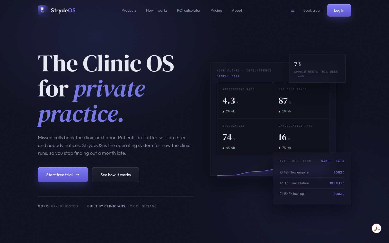 StrydeOS marketing site hero: The Clinic OS for private practice