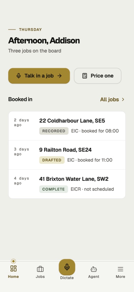 TradeMind home: talk in a job, jobs booked in with certificate status